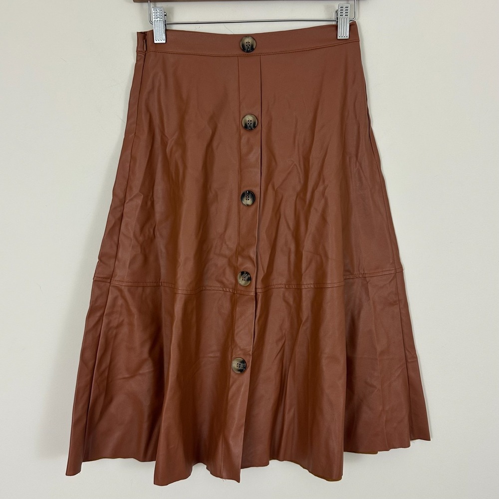 Shein A-Line 70s Boho Midi Skirt Dark Brown Faux Leather Button Front Vegan XS